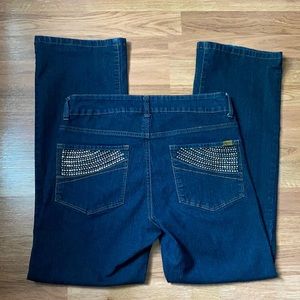 Bill Blass dark wash stretch boot cut jean with perfect rhinestone and studs, 8